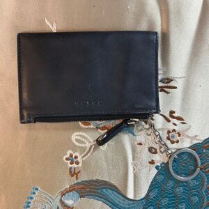 Coach Mini Skinny ID Case Black Leather Coin Purse Key Ring Wallet 4.5x3